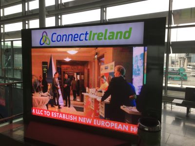 Large LED screen in Dublin Airport Terminal 2 Video wall in the airport with cladding branding around with lighbox Alpha View
