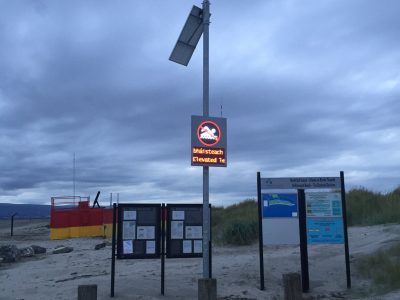 Bathing prohibition LED sign warning the public of unsafe bathing waters in Dublin beach, VMS display, variable message signs, LED signs, LED displays, digital design, digital signage, Alpha View