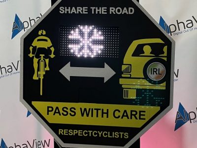 Pass with care cyclist radar sign, cyclist safety LED sign, Road sign