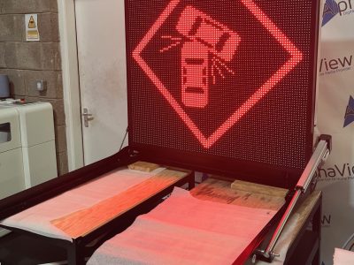 Van roof mounted LED VMS sign, motorway maintenance vehicle LED sign, LED road sign on the van