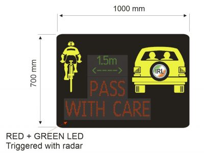 Pass with care cyclist radar sign, cyclist safety LED sign, Road sign